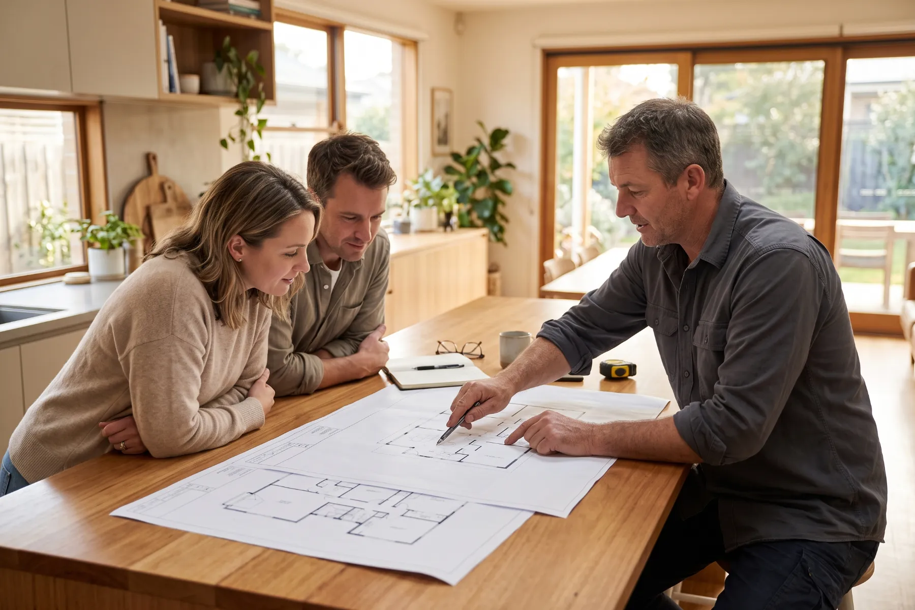 Builder reviewing plans with clients at a kitchen bench