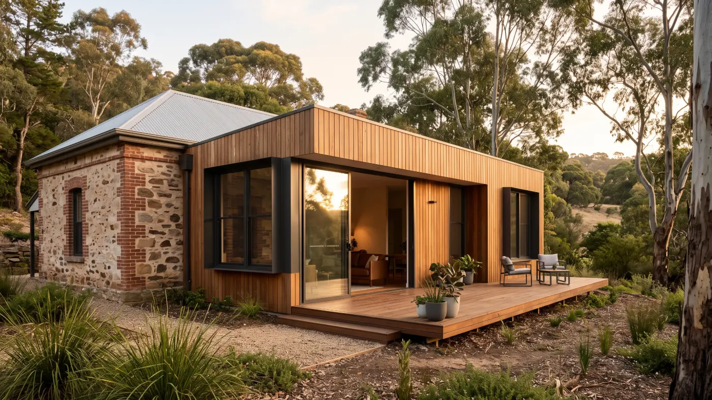 Timber-clad extension on an Adelaide Hills stone cottage