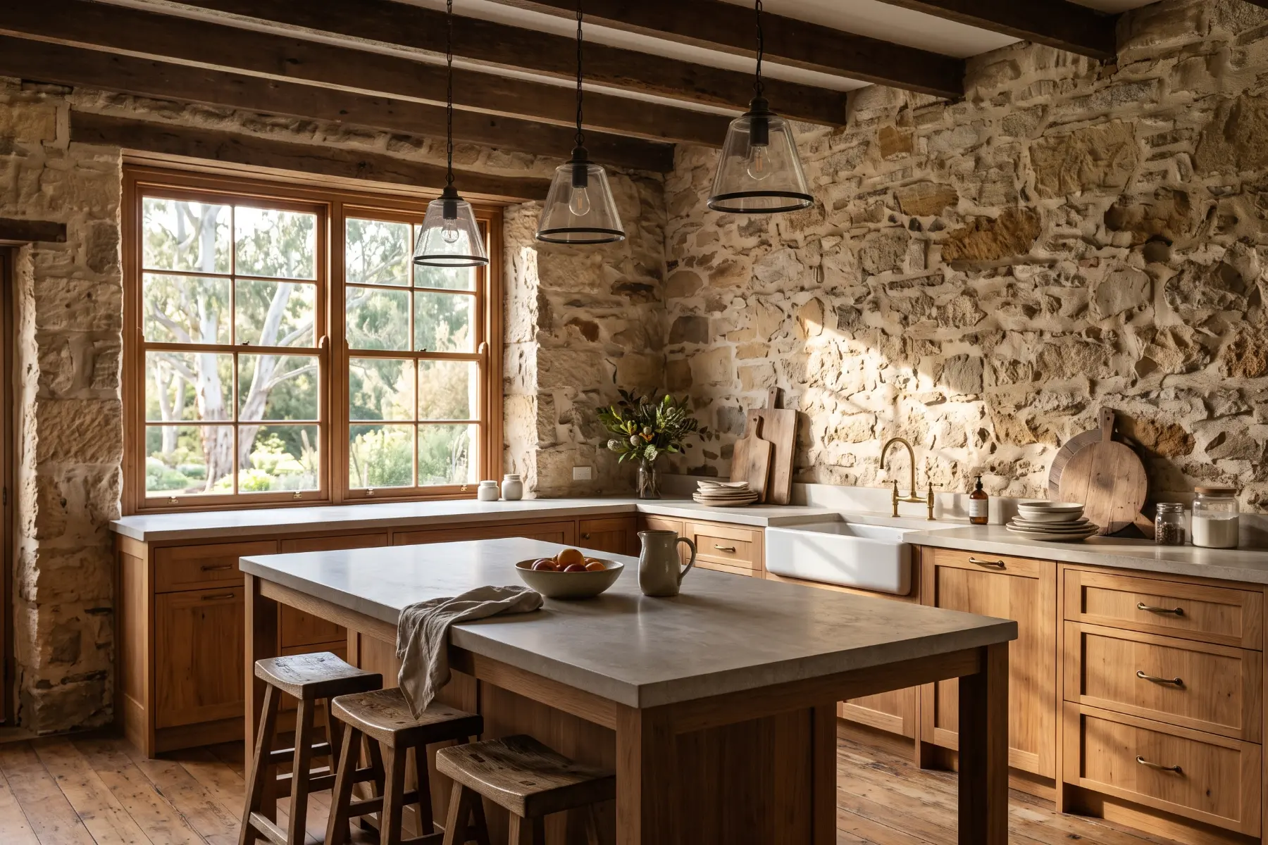 Renovated kitchen with timber and stone