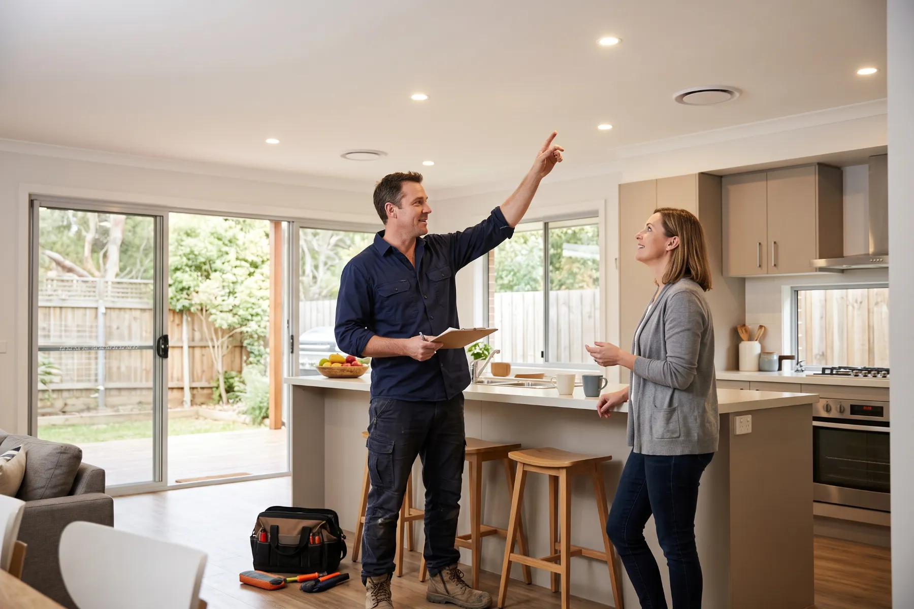 Electrician talking with a homeowner in a kitchen