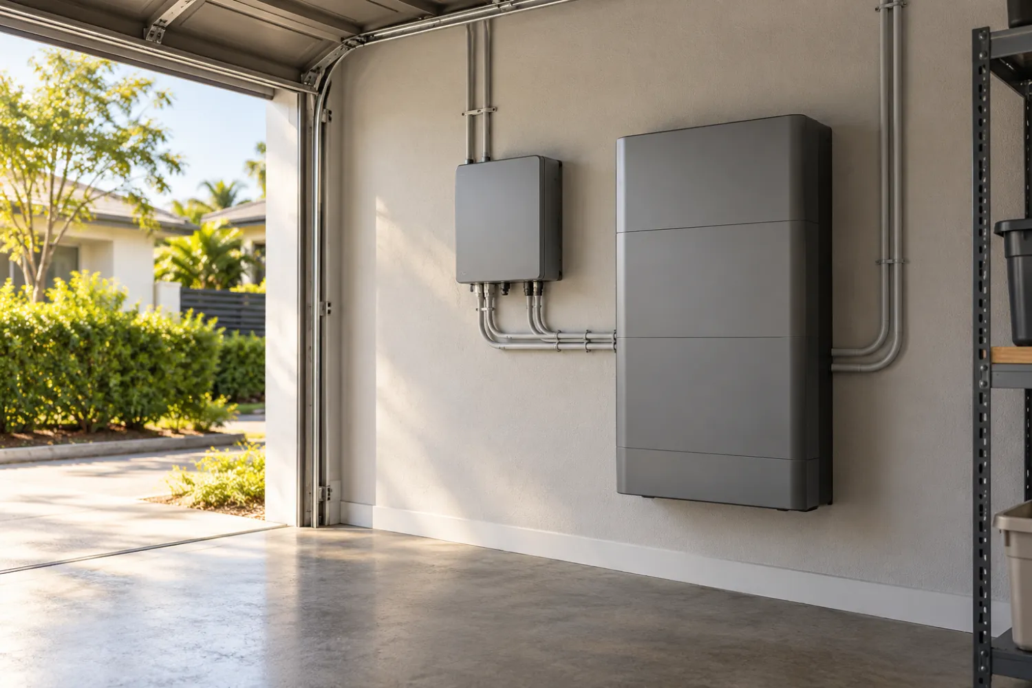 Home battery installed on a garage wall