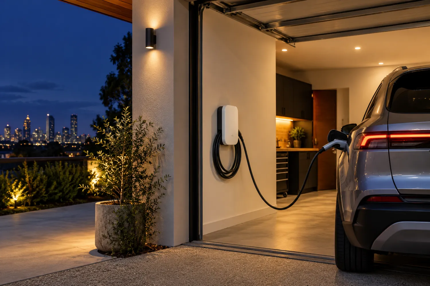 Home EV charger on a garage wall