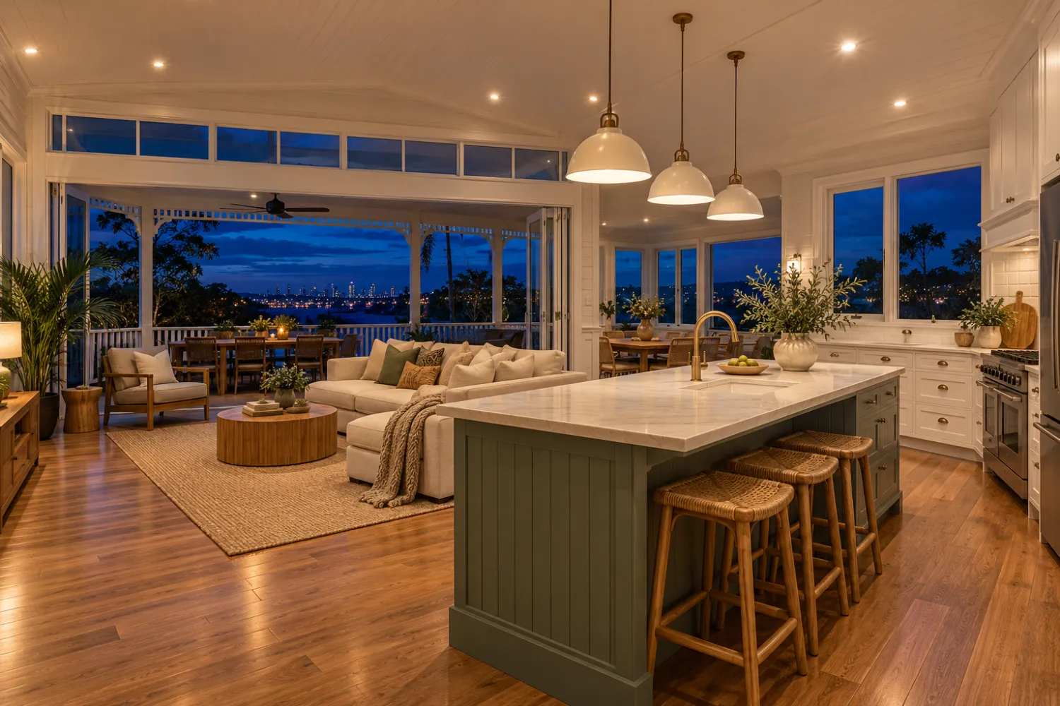 Open-plan living room lit by LED downlights and pendants