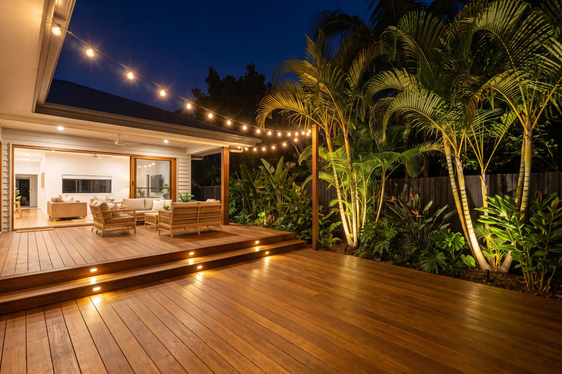 Garden and deck lit with outdoor lighting at night