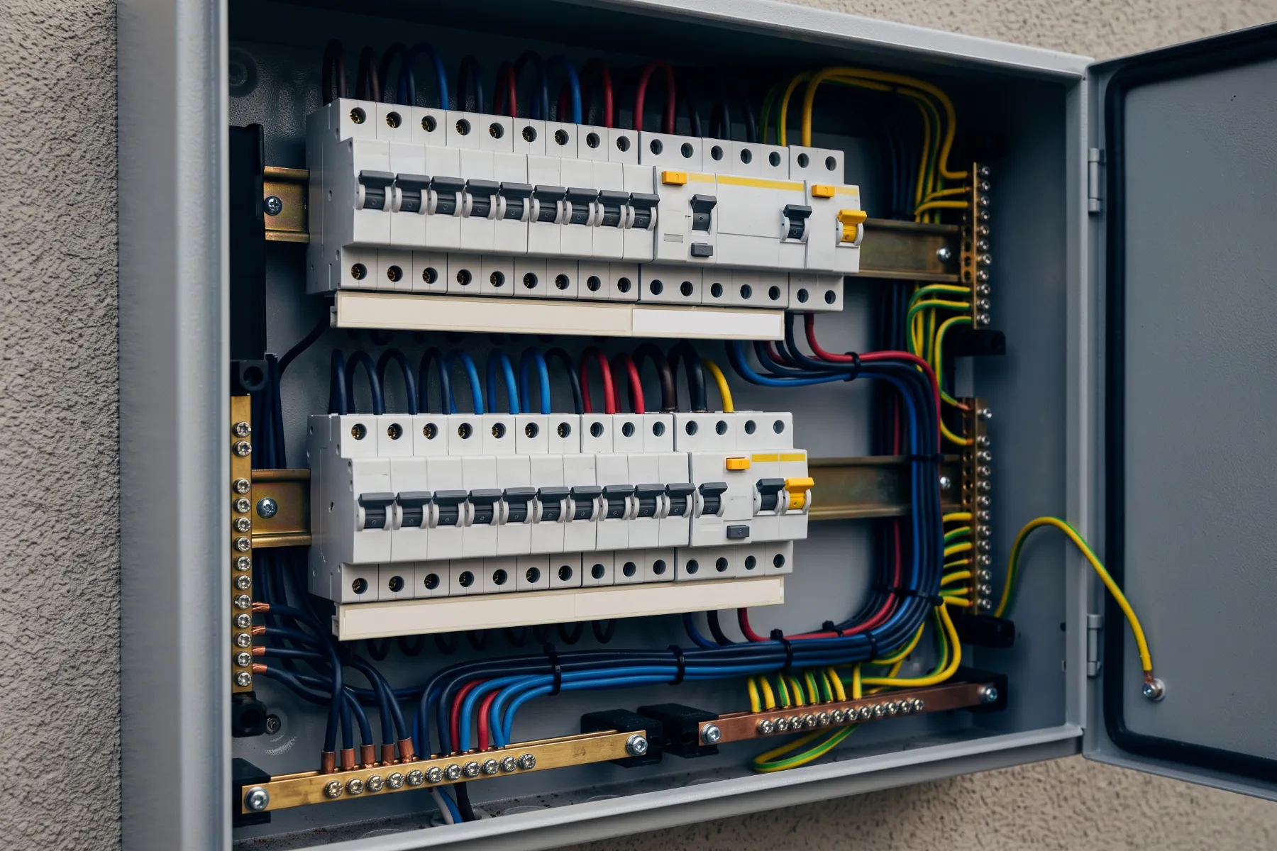 Close-up of a new residential switchboard with safety switches