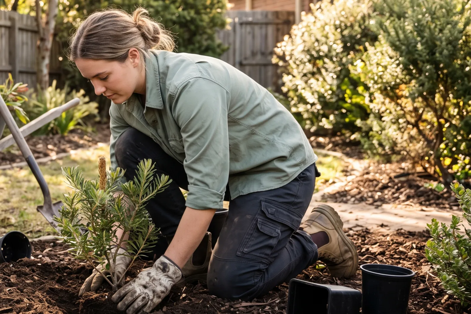 Landscaper planting native shrubs