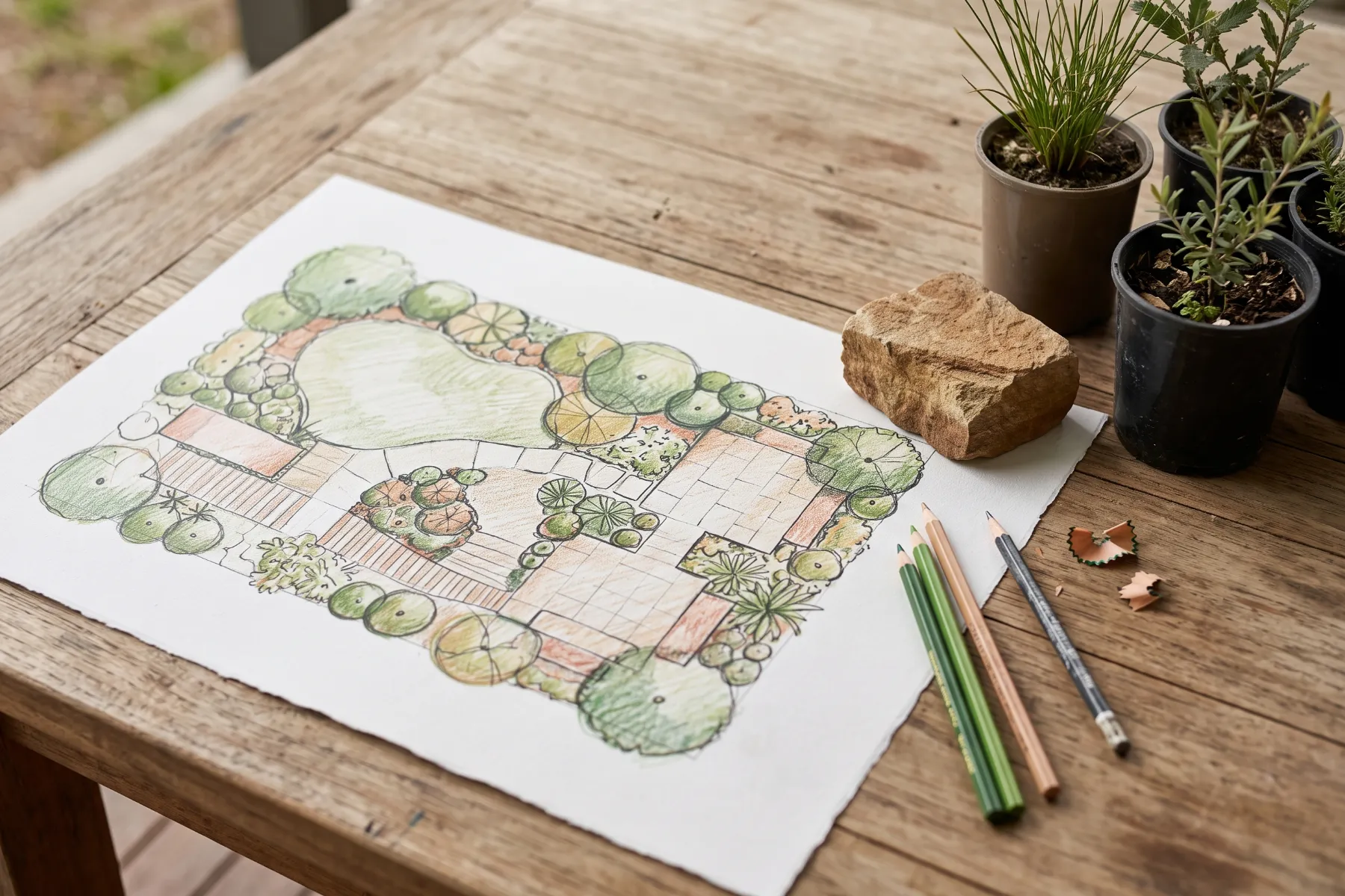 Hand-drawn garden plan on a table with plant samples