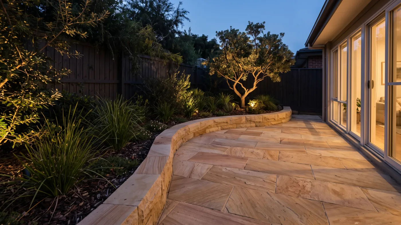 Courtyard garden at dusk with garden lighting