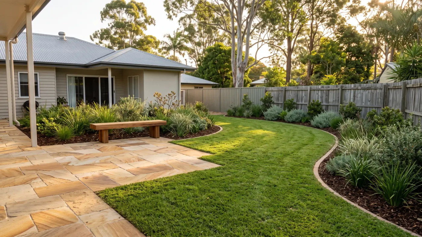 Finished backyard garden with paving and native plants