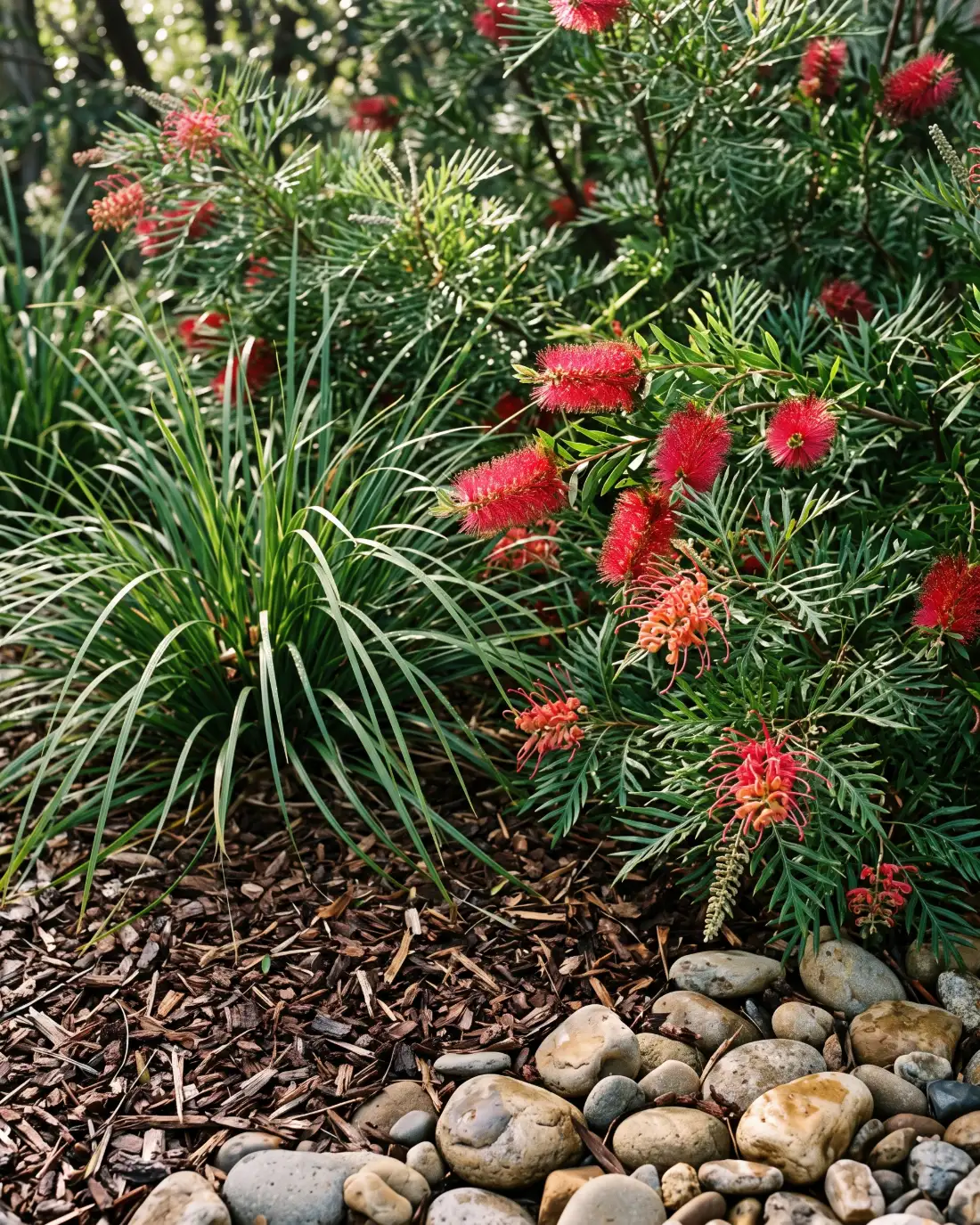 Native garden bed with grasses and flowering shrubs