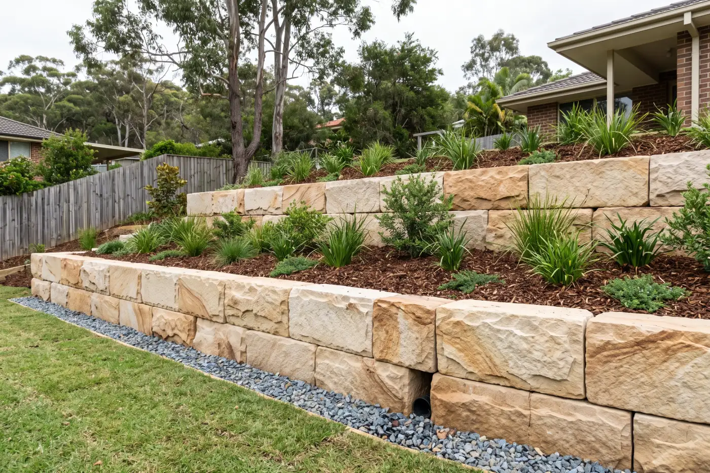 Sandstone block retaining wall with garden beds