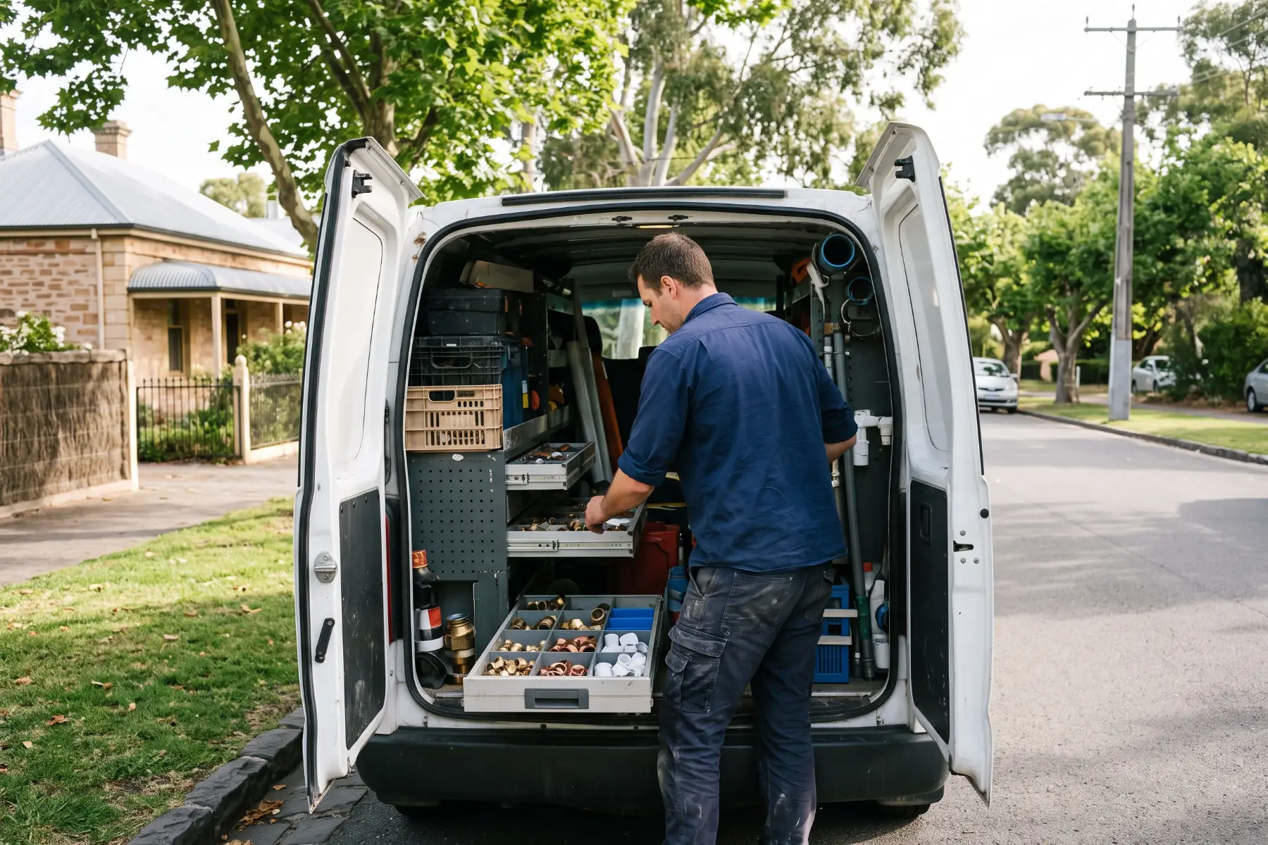 Plumber packing tools into the back of a work van