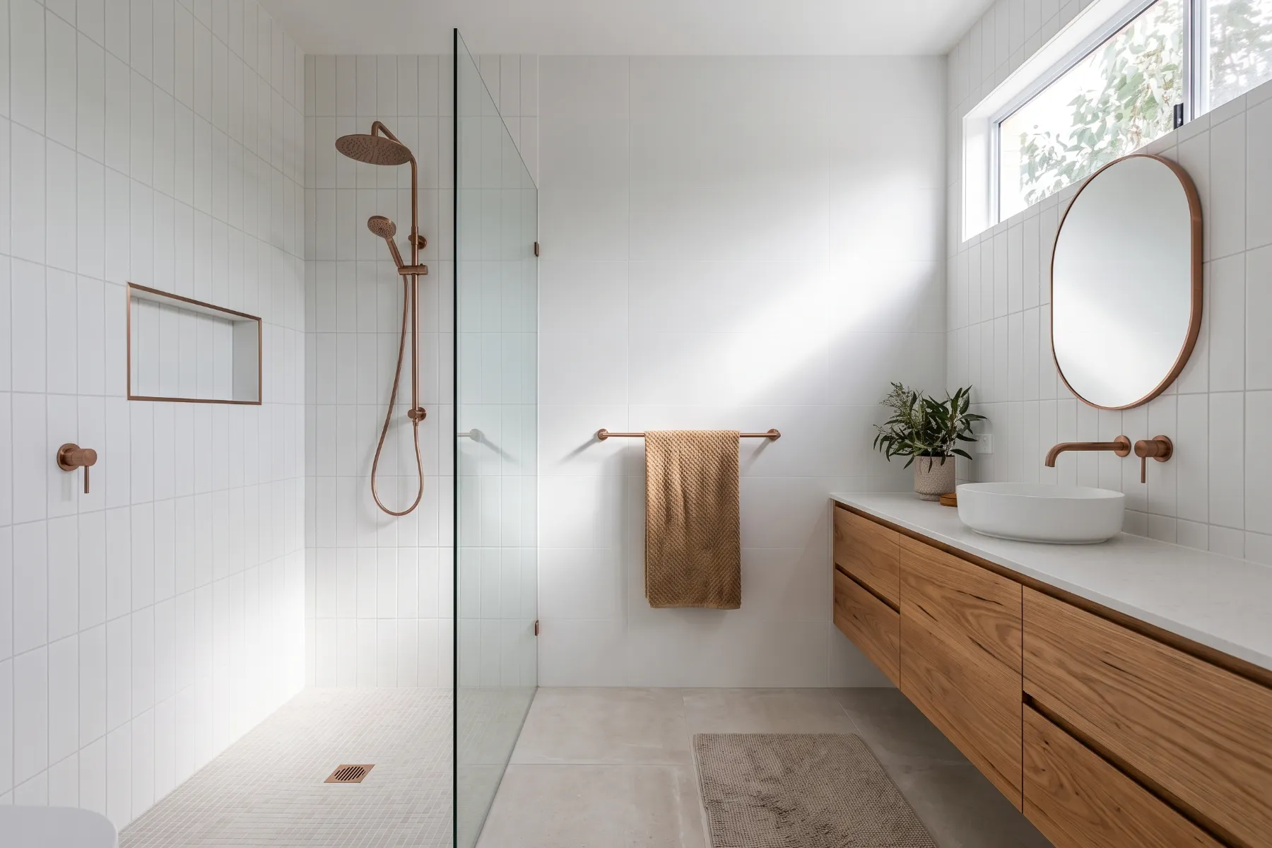 Finished modern bathroom with a walk-in shower