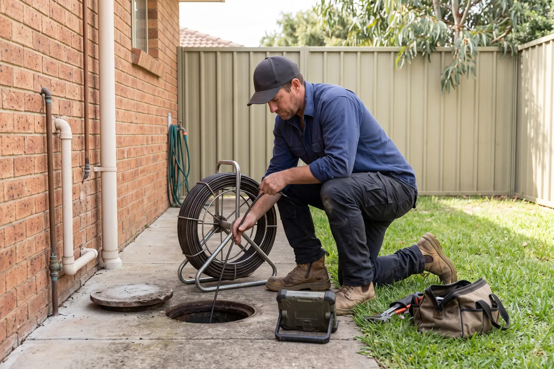 Plumber using a drain camera at an outdoor drain