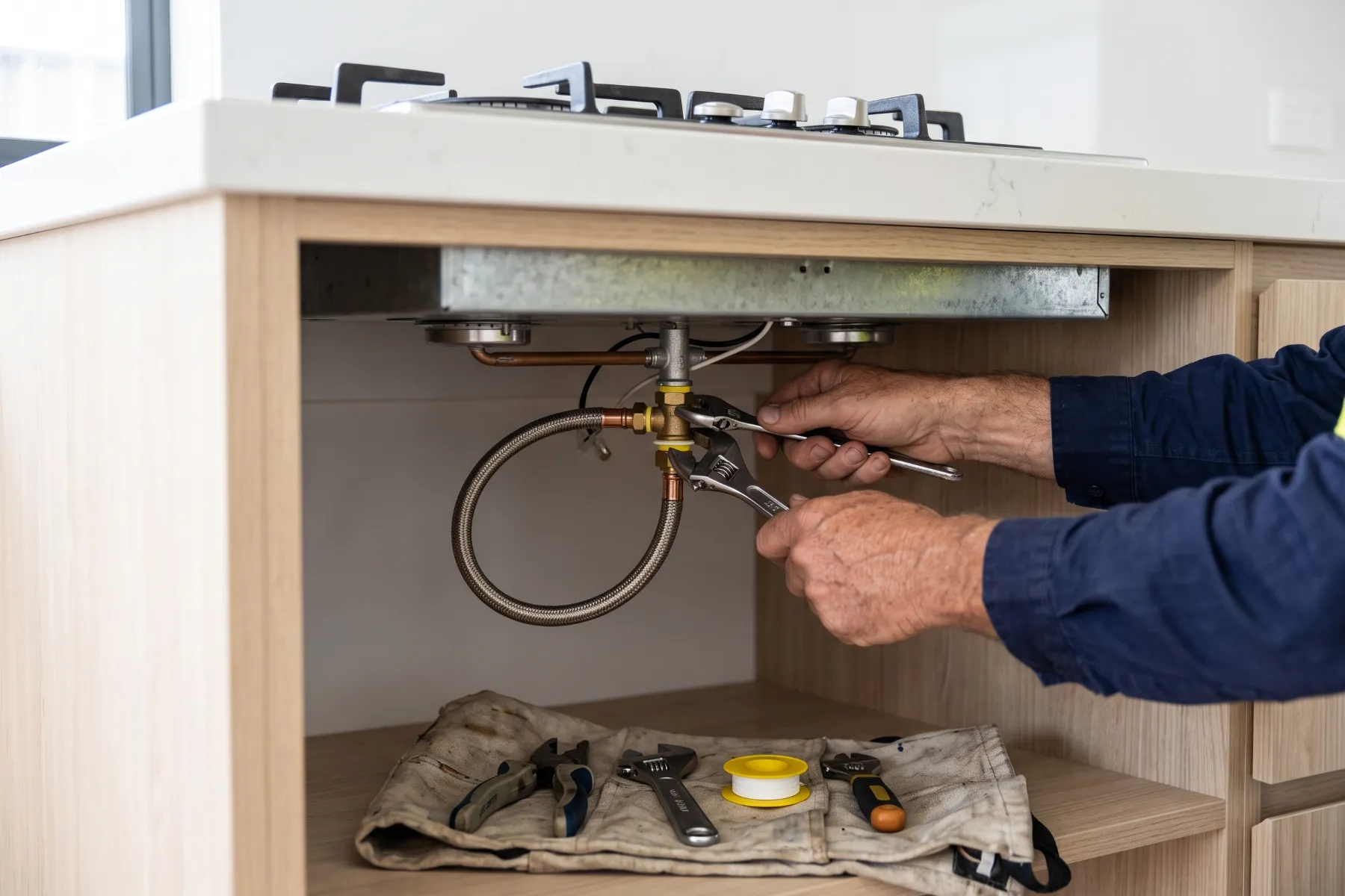 New gas cooktop being fitted in a modern kitchen