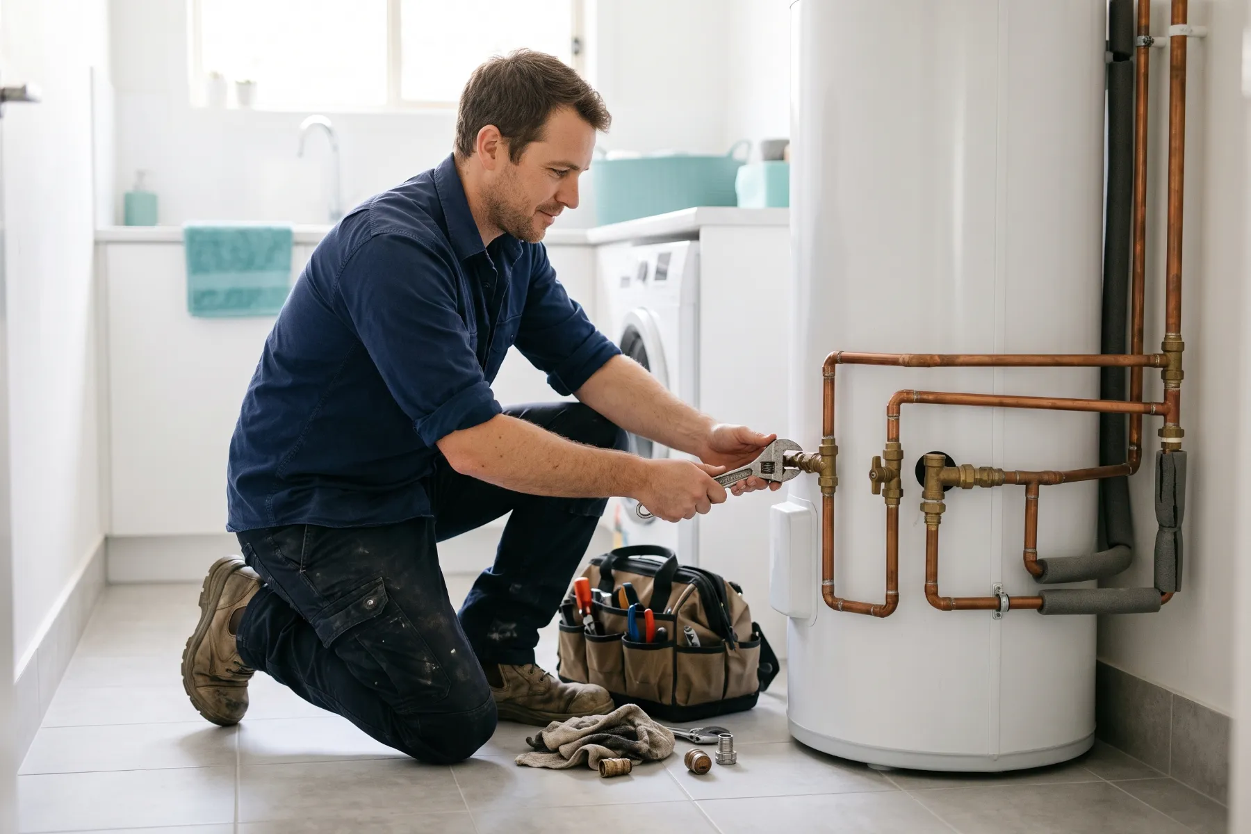 Plumber checking a hot water system in a laundry
