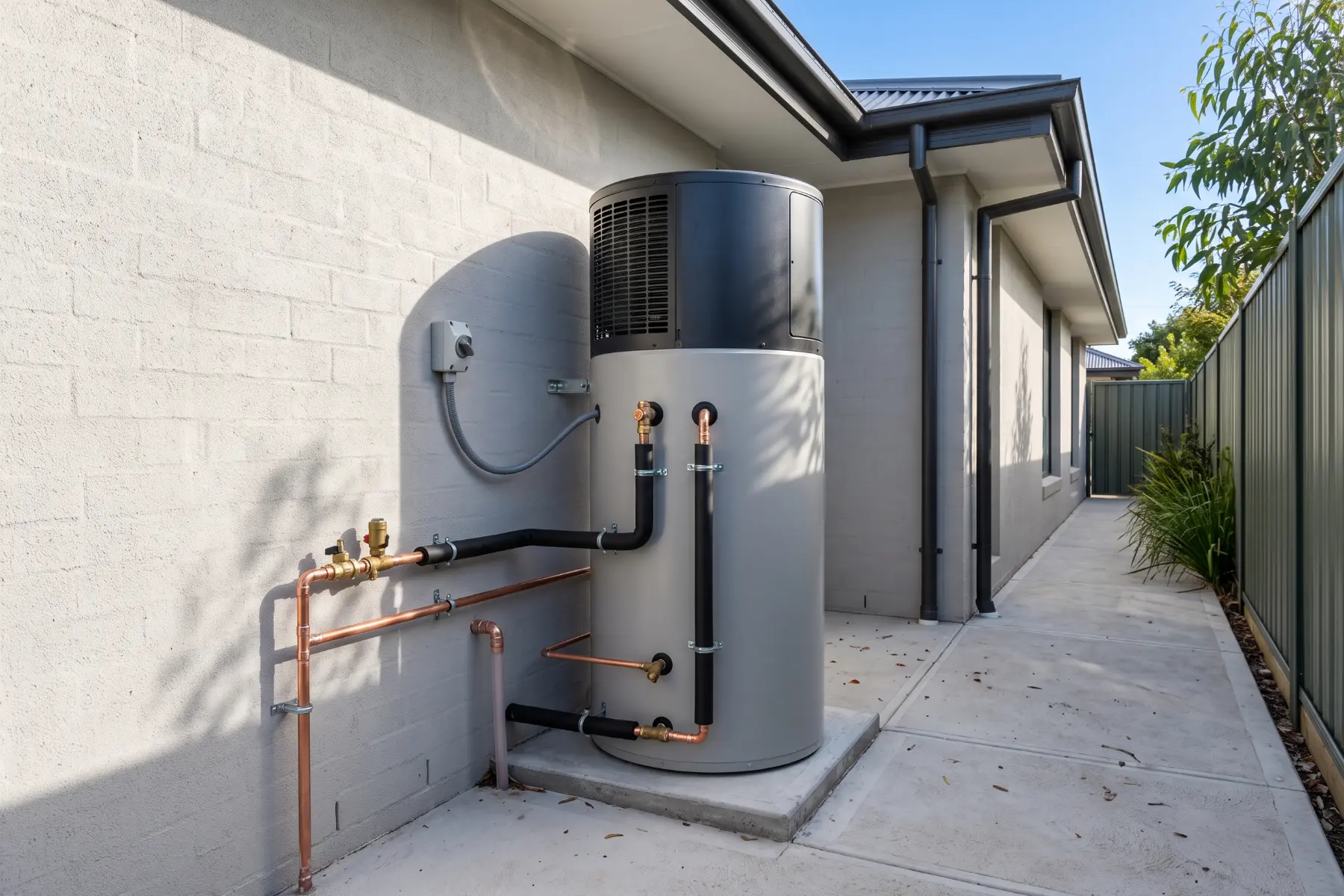 New heat pump hot water unit outside a home