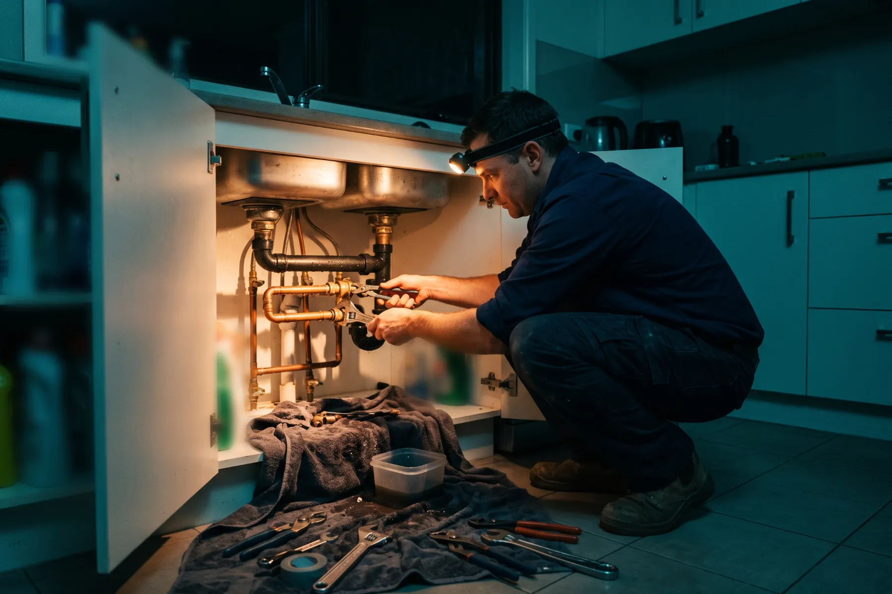 Plumber fixing a leak under a sink at night