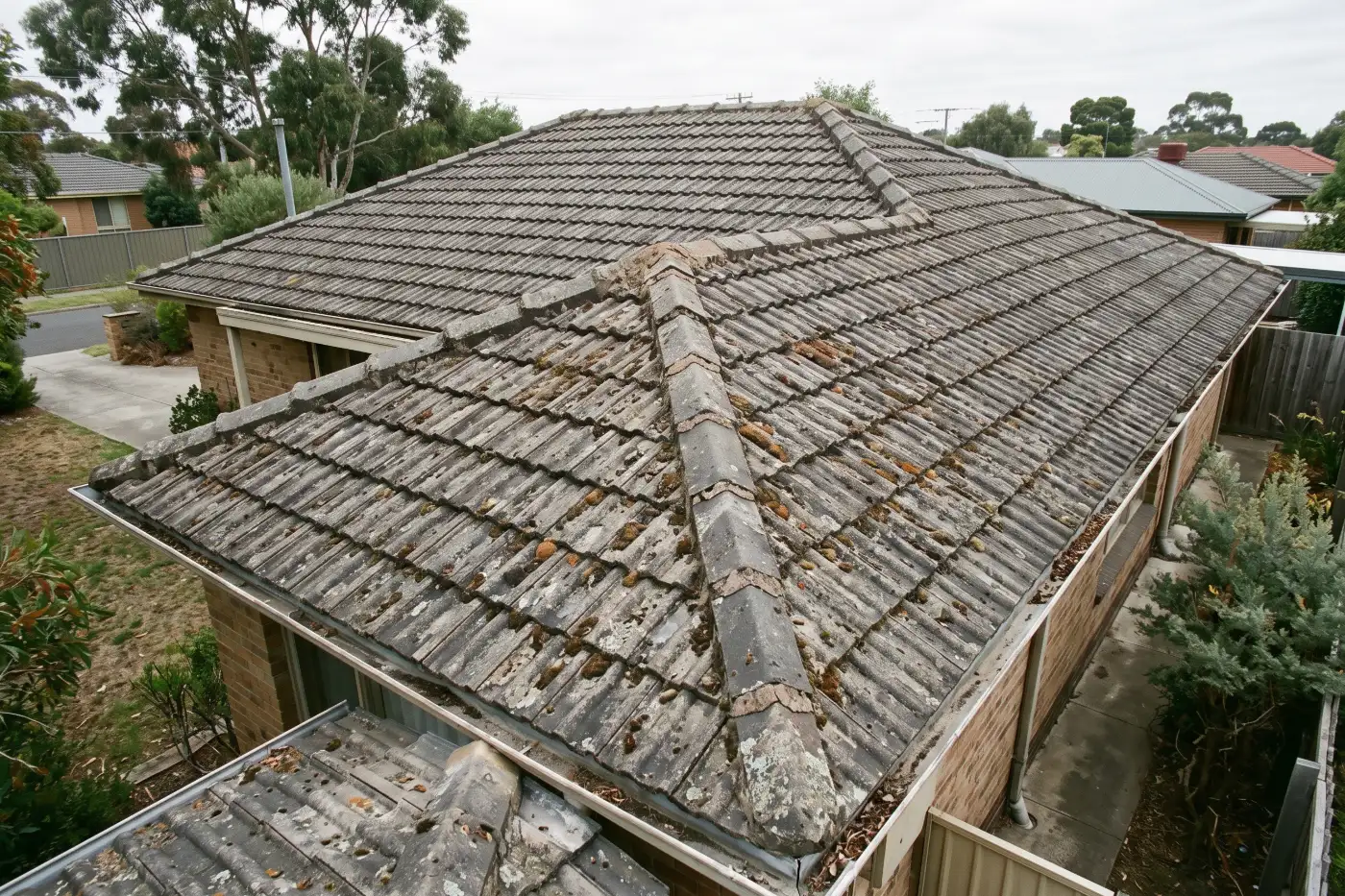 A faded, mossy tile roof before restoration