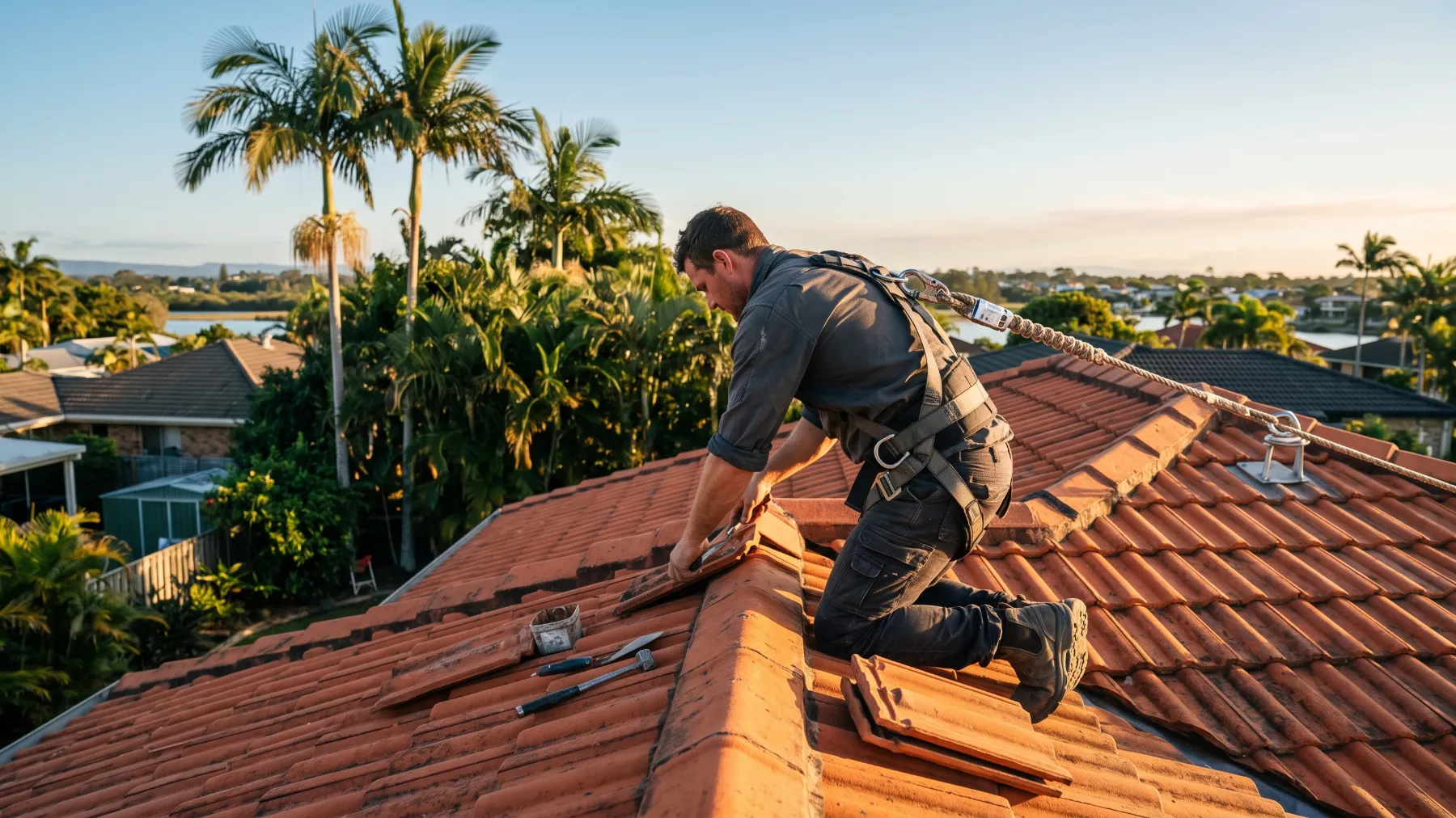 Roofer working on a tiled roof with a safety harness