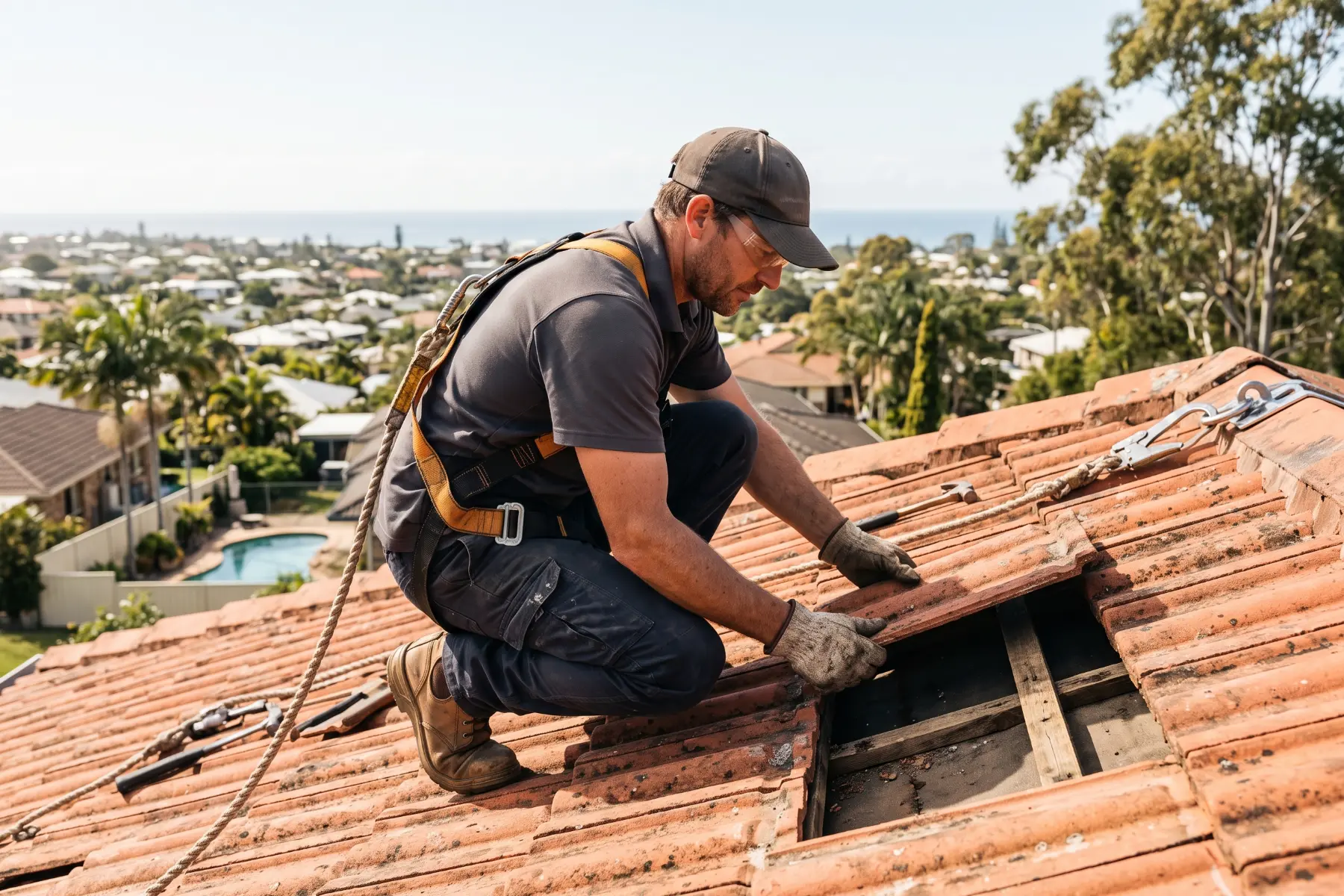 Roofer inspecting a tile roof