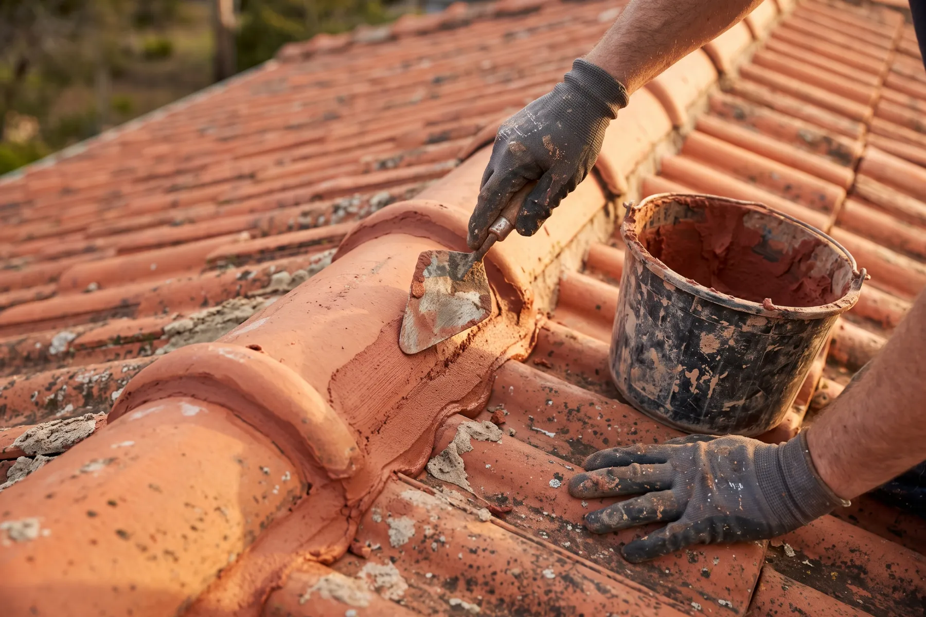 Close-up of ridge capping being re-pointed