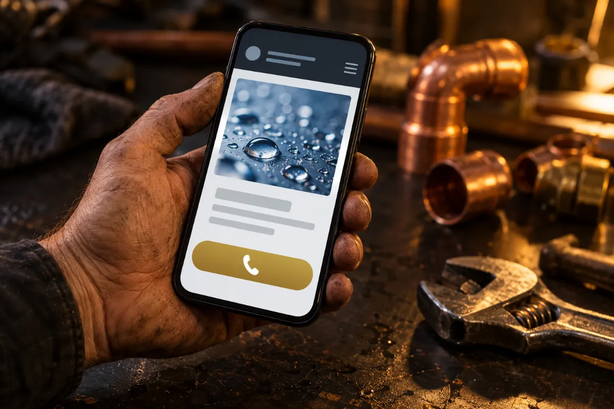 Phone showing a simple plumbing website with a large call button