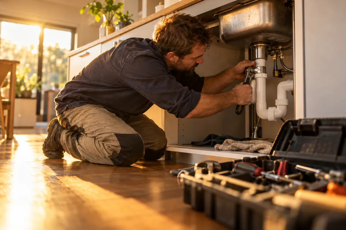 Plumber fixing the pipes under a kitchen sink