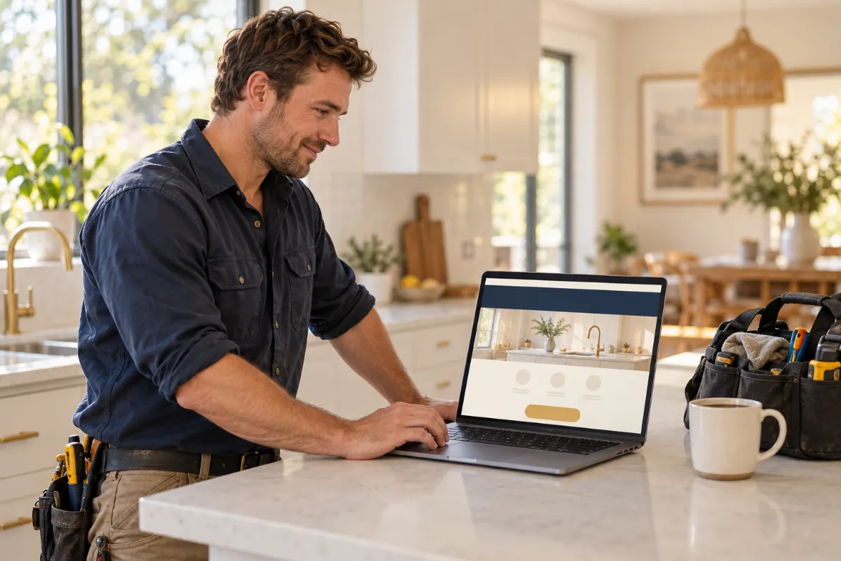 Plumber looking over a website preview on a laptop at home