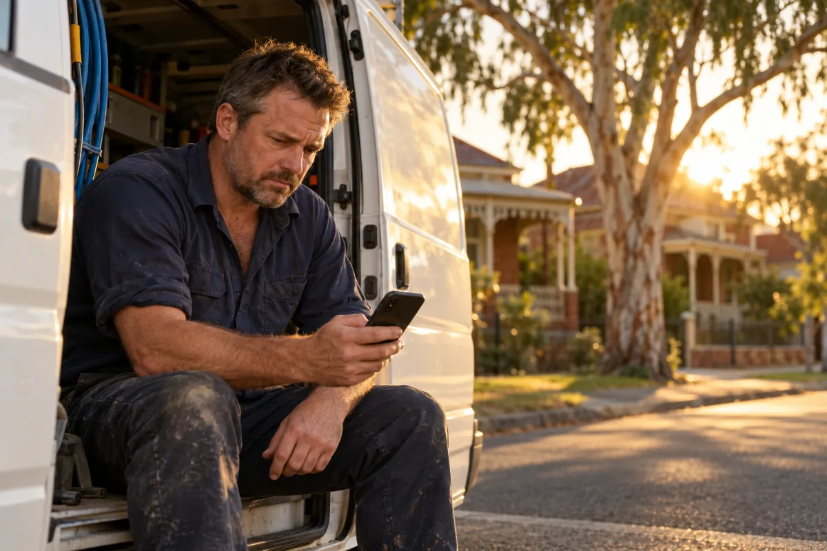 Plumber sitting in his work van, checking his phone