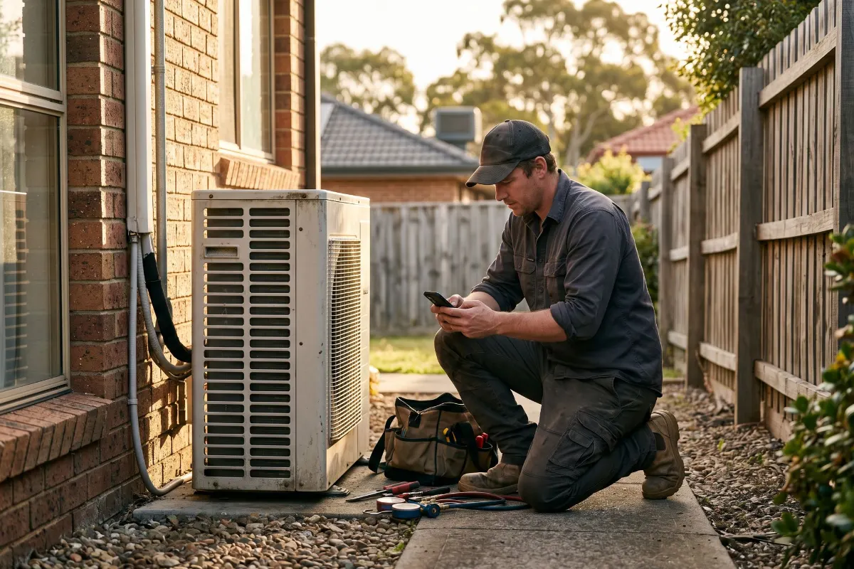 Air conditioning technician beside an outdoor unit, checking his phone