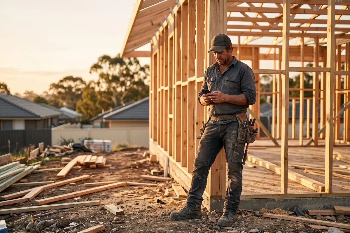 Builder on a house frame site, checking his phone
