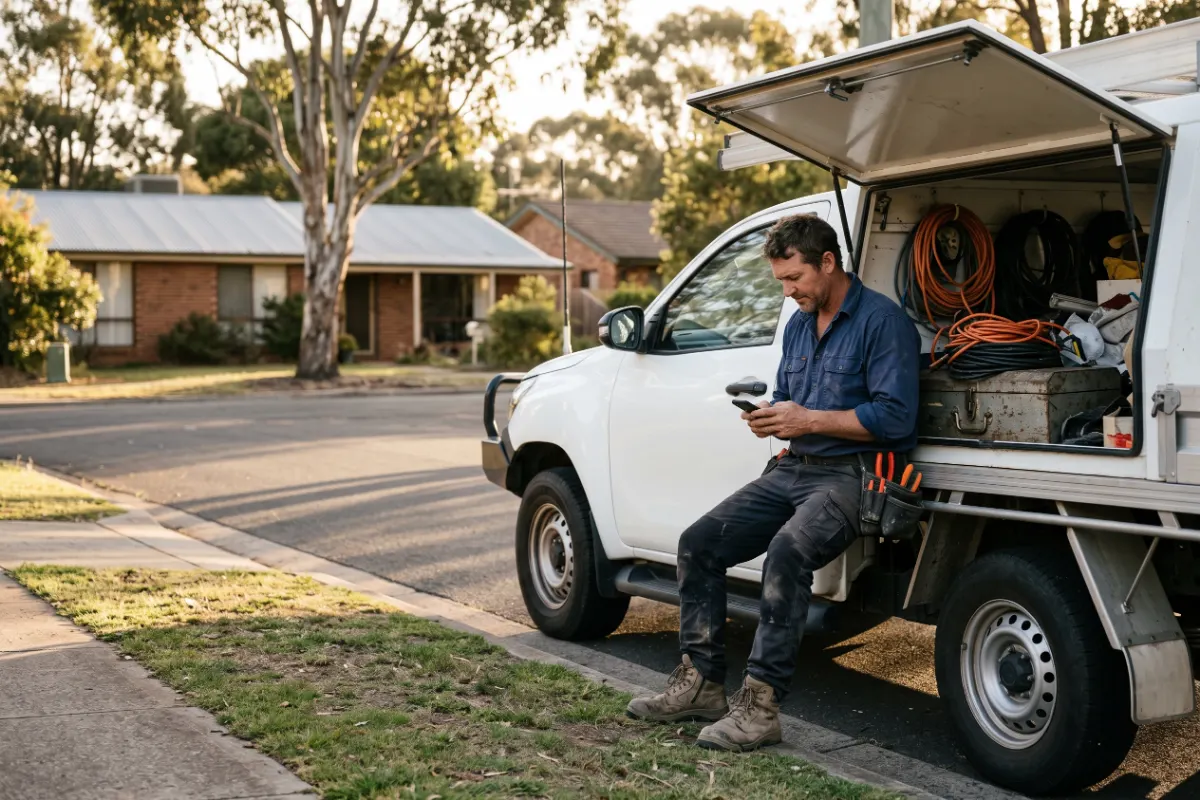 Electrician sitting on the side of his work ute, checking his phone