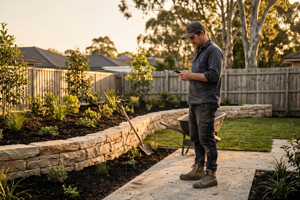 Landscaper in a newly finished garden, checking his phone
