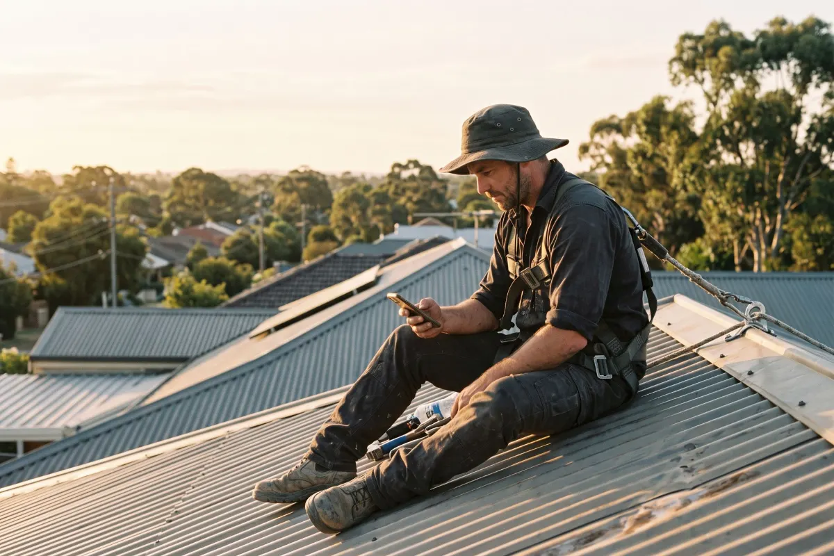 Roofer sitting on a metal roof, checking his phone